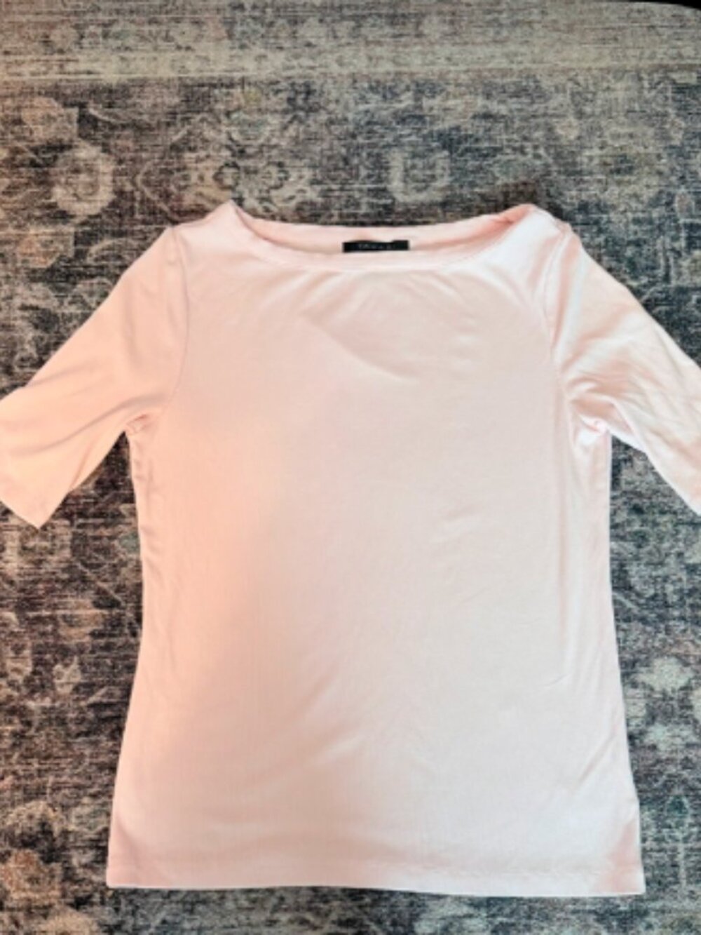 Tahari Boat Neck Elbow Sleeve Tee Ballet Pink Ribbed Trim Size M